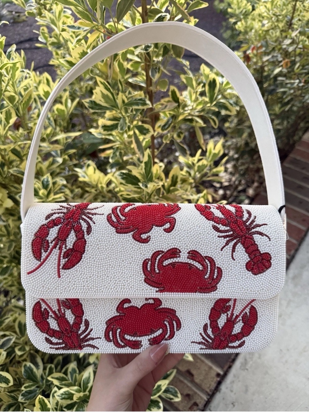 Viral TikTok White Beaded Crab & Lobster Embellished Shoulder Bag New Design
